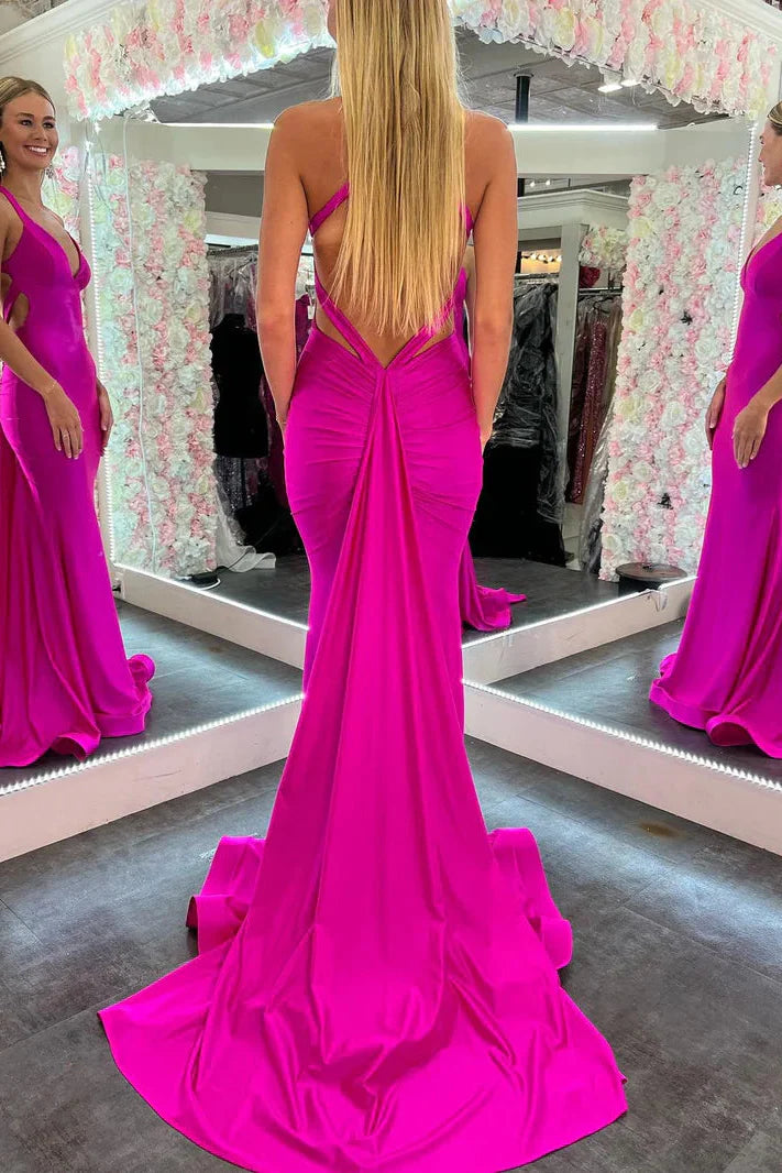 Sexy Satin Trumpet V-Neck Halter Open Back With Train Prom Dress