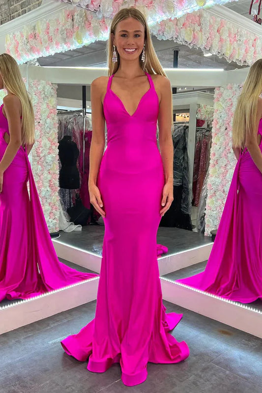 Sexy Satin Trumpet V-Neck Halter Open Back With Train Prom Dress