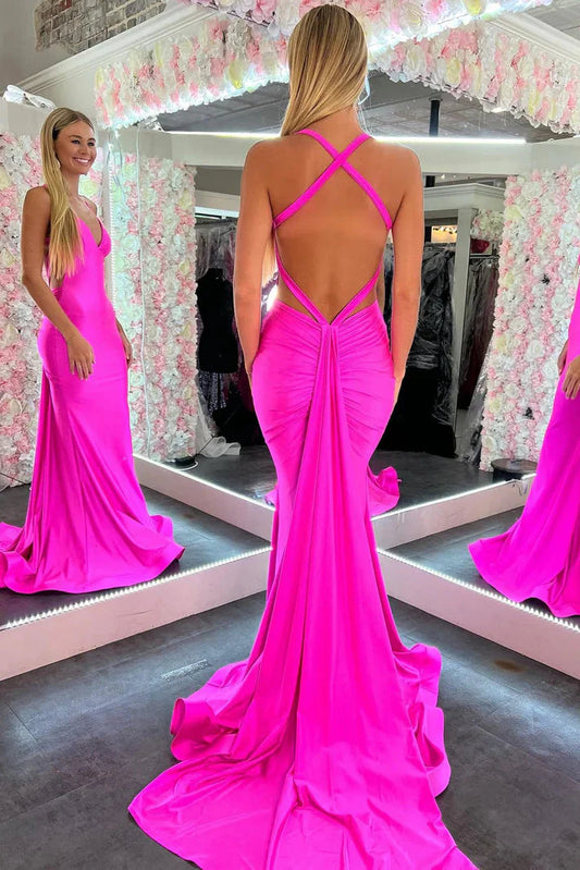 Sexy Satin Trumpet V-Neck Halter Open Back With Train Prom Dress