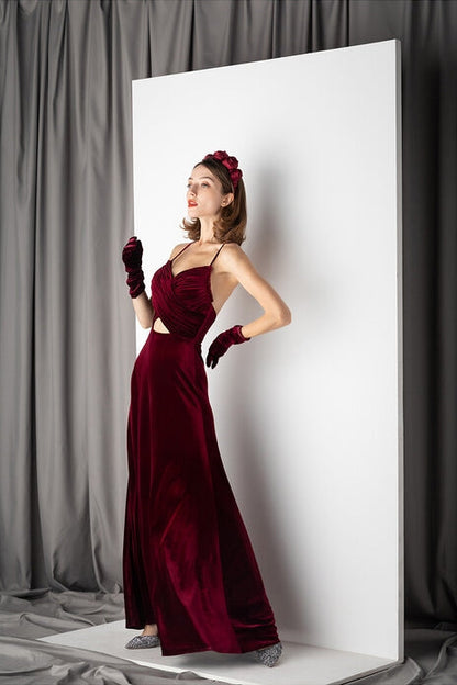 Sexy V-Neck Straps Open Back Burgundy Velvet Party Dress