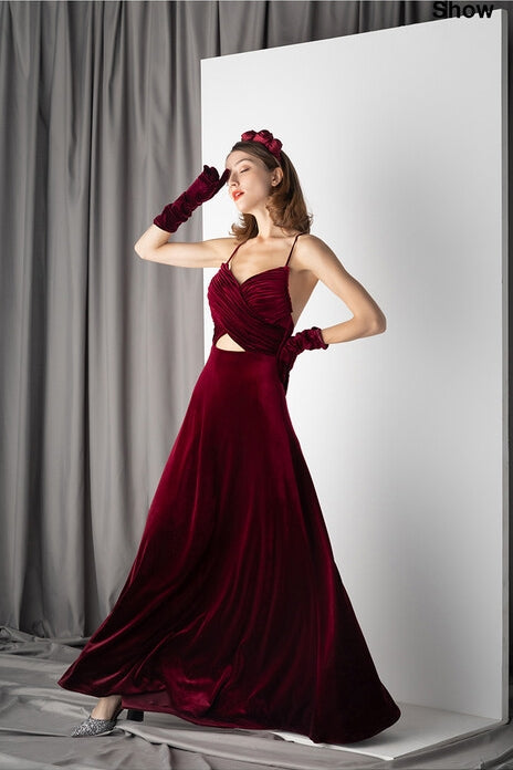 Sexy V-Neck Straps Open Back Burgundy Velvet Party Dress