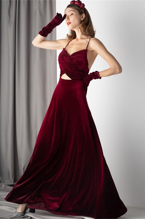 Sexy V-Neck Straps Open Back Burgundy Velvet Party Dress
