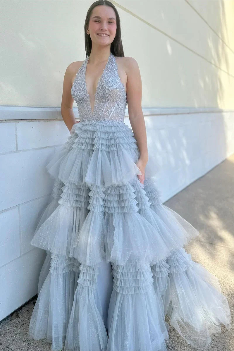 Sexy Tulle A-Line V-Neck Halter Open Back Tiered Prom Dress