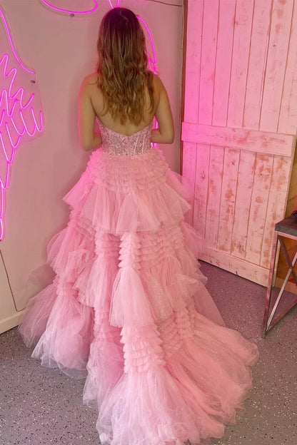 Sexy Tulle A-Line V-Neck Halter Open Back Tiered Prom Dress