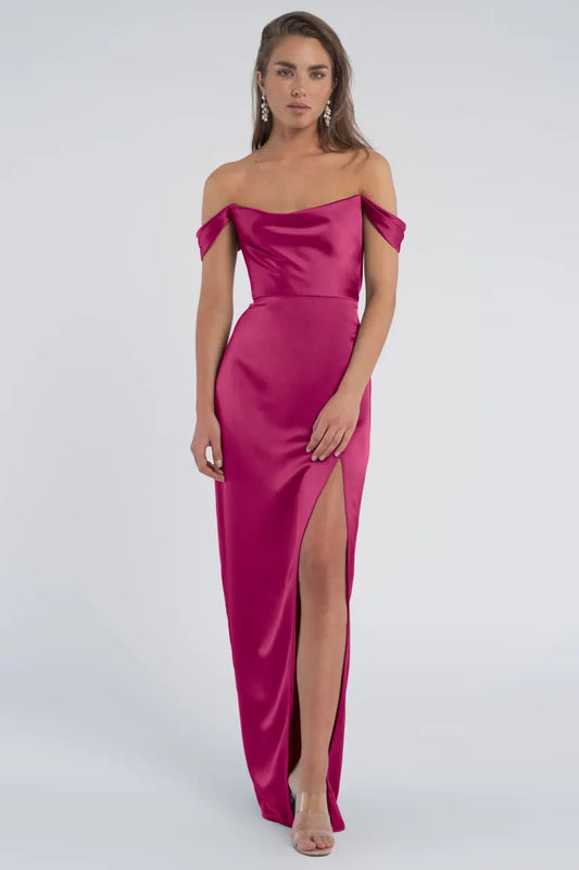 Sheath Off-Shoulder Sleeveless Empire With Side Slit Bridesmaid Dress