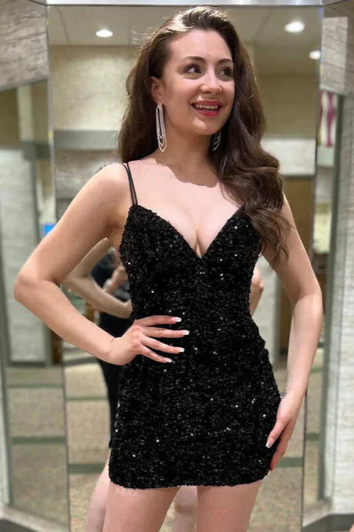 Sheath V-Neck Spaghetti Straps Lace Up Sequins Homecoming Dress
