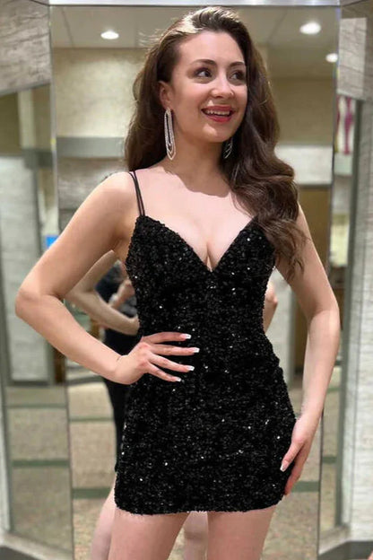 Sheath V-Neck Spaghetti Straps Lace Up Sequins Homecoming Dress