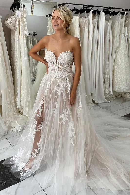 Sheer Empire Tulle A-Line Appliques Beach Wedding Dress With Slit