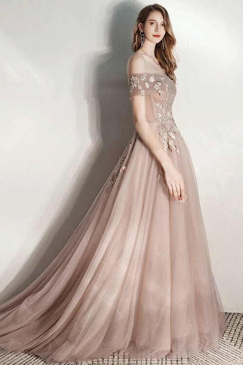 Off-Shoulder Tulle A-Line Empire Party Prom Gown