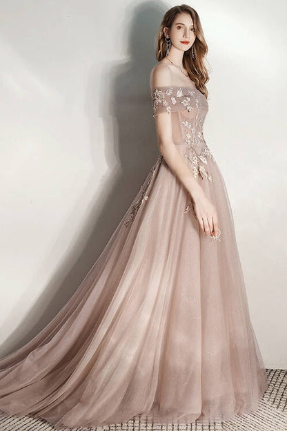 Off-Shoulder Tulle A-Line Empire Party Prom Gown