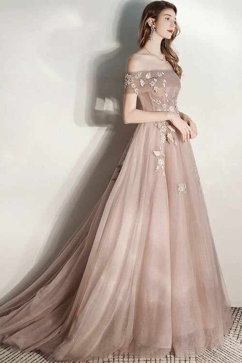 Off-Shoulder Tulle A-Line Empire Party Prom Gown