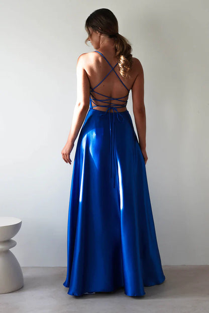 Simple Satin A-Line Bateau Spaghetti Straps Party Prom Dress