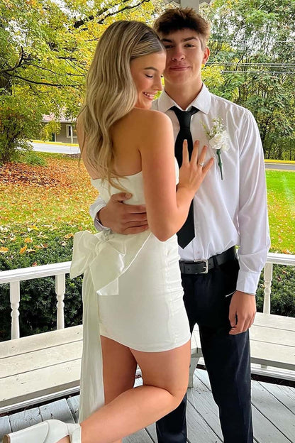 Simple Satin Fitted Strapless Empire Homecoming Dress With Bow