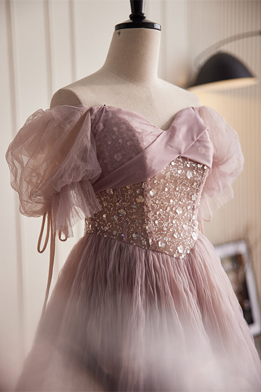 Dusty Pink Off-the-Shoulder Beaded Ruched Tulle Maxi Formal Dress