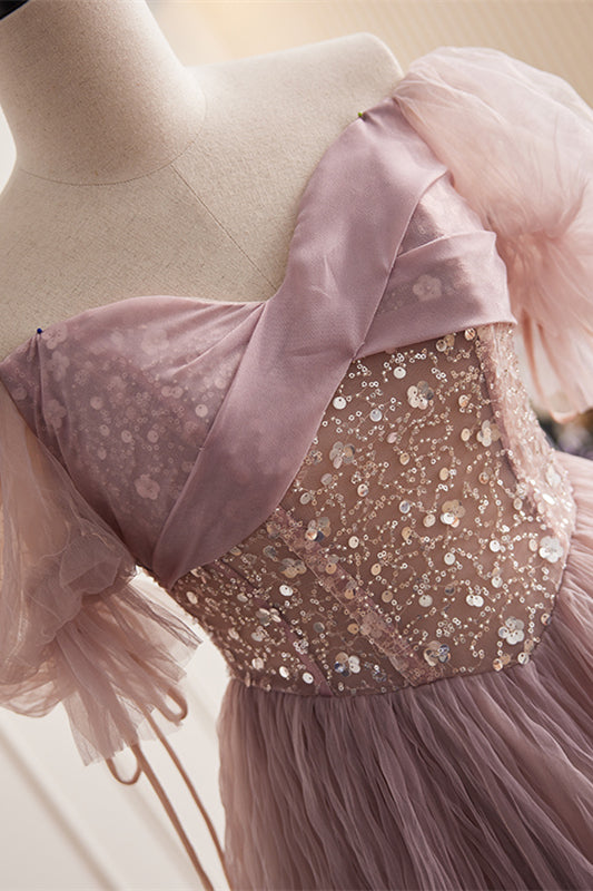 Dusty Pink Off-the-Shoulder Beaded Ruched Tulle Maxi Formal Dress