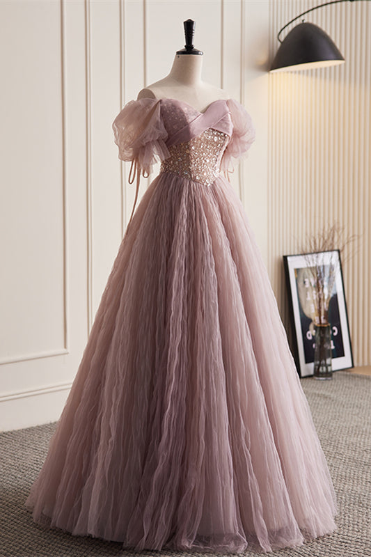 Dusty Pink Off-the-Shoulder Beaded Ruched Tulle Maxi Formal Dress