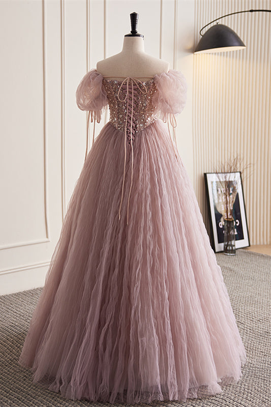 Dusty Pink Off-the-Shoulder Beaded Ruched Tulle Maxi Formal Dress
