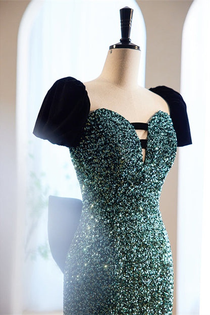 Hunter Green Mermaid Sequins Maxi Formal Dress with Bow