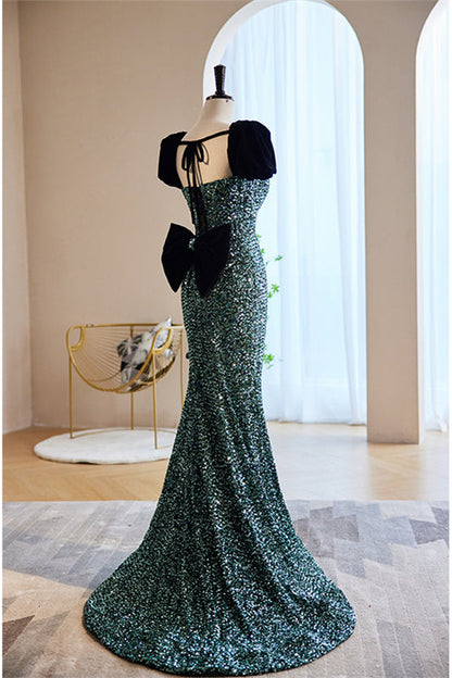 Hunter Green Mermaid Sequins Maxi Formal Dress with Bow