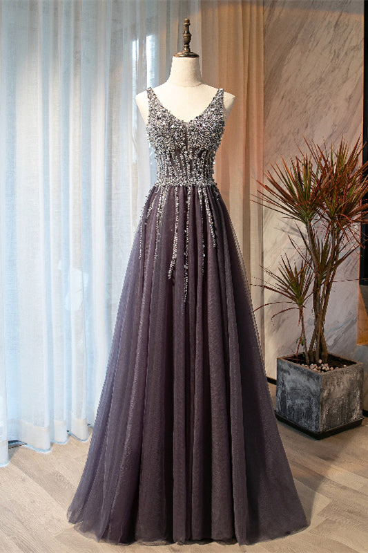 Tulle A-Line Beaded Top V-Neck Long Party Prom Dress