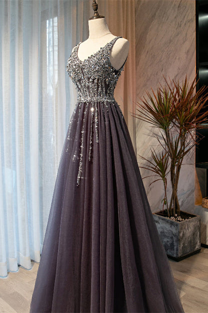 Tulle A-Line Beaded Top V-Neck Long Party Prom Dress