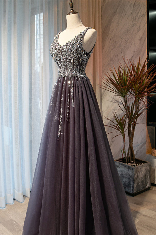 Tulle A-Line Beaded Top V-Neck Long Party Prom Dress