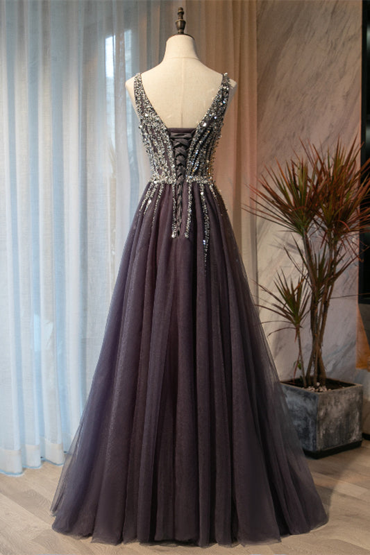 Tulle A-Line Beaded Top V-Neck Long Party Prom Dress