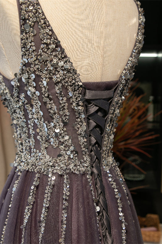 Tulle A-Line Beaded Top V-Neck Long Party Prom Dress