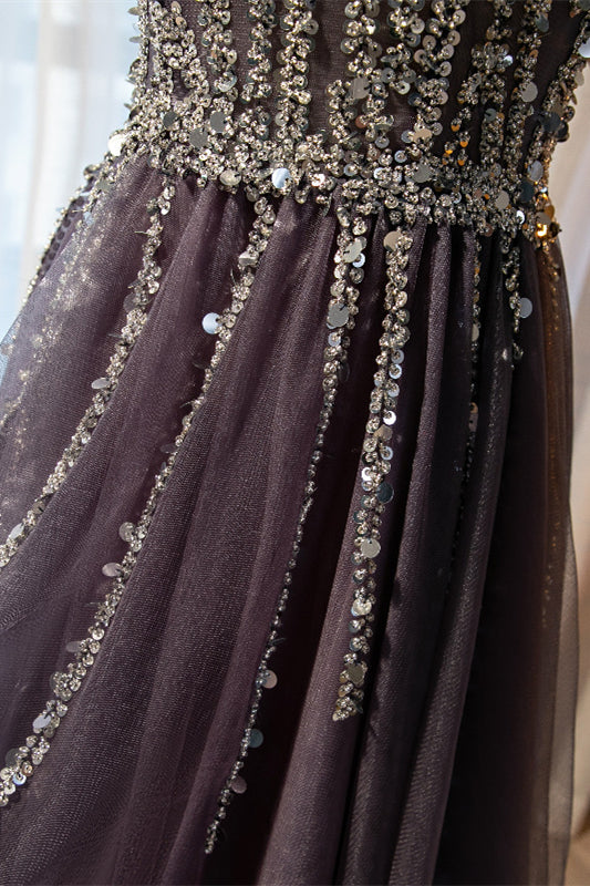 Tulle A-Line Beaded Top V-Neck Long Party Prom Dress