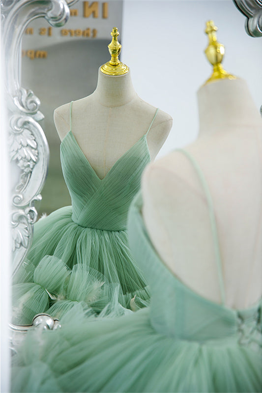 Mint Green Deep V Neck Pleated Straps Ruffle-Layers Maxi Formal Dress