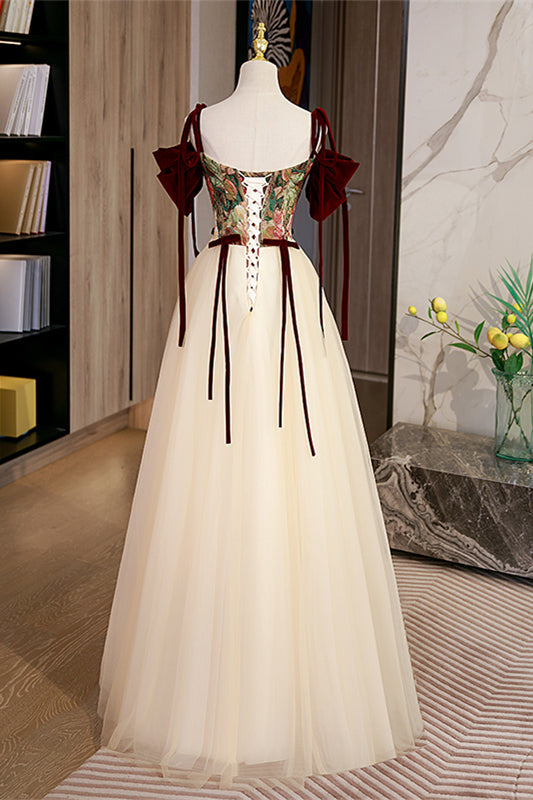 Burgundy and Champagne Off-the-Shoulder Bow Tie Beaded Maxi Formal Dress