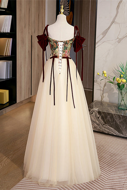 Burgundy and Champagne Off-the-Shoulder Bow Tie Beaded Maxi Formal Dress