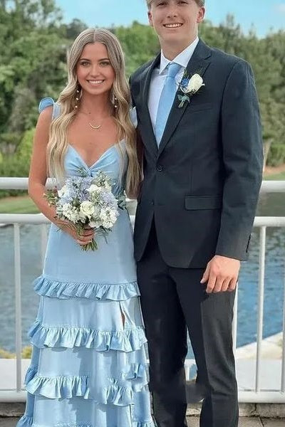 Sky Blue Satin A-Line V-Neck Ruffled Party Prom Dress