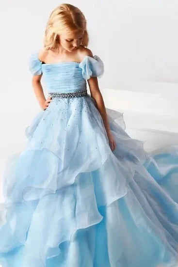 Sleeveless Tulle A-Line Empire Beaded Tiered Girl Pageant Dress