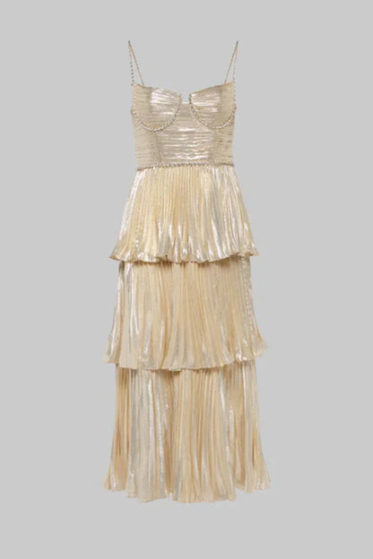 Spaghetti Straps A-Line Empire Pleated Tiered Party Prom Dress