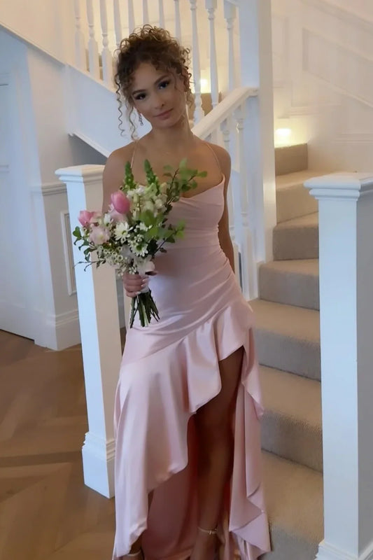 Spaghetti Straps Bateau Satin Party Prom Dress With Ruffle Slit