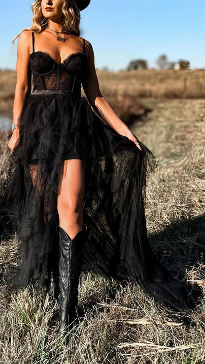 Sexy A Line Spaghetti Strap Corset Ruffle Lace Long Prom Dress Evening Dress with Slit SH2017