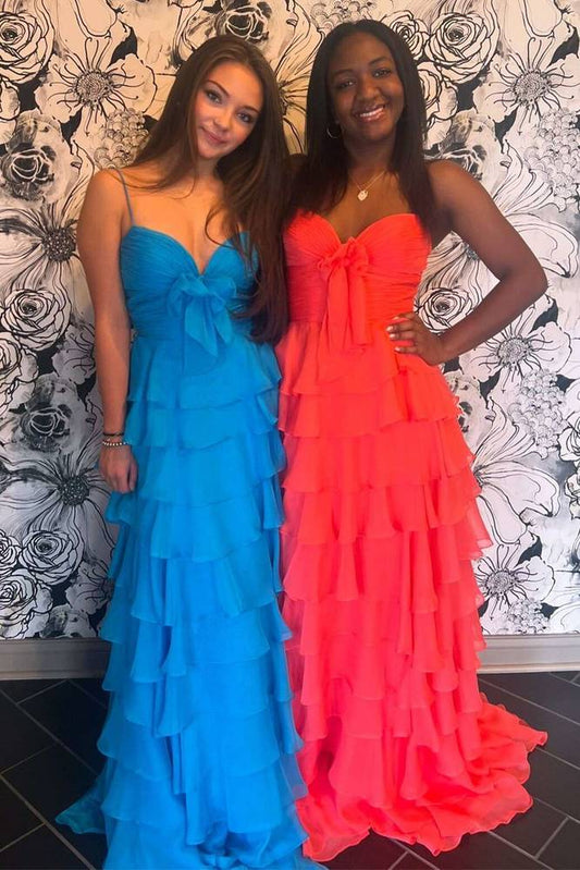 Spaghetti Straps Chiffon A-Line Tiered Party Prom Dress With Slit