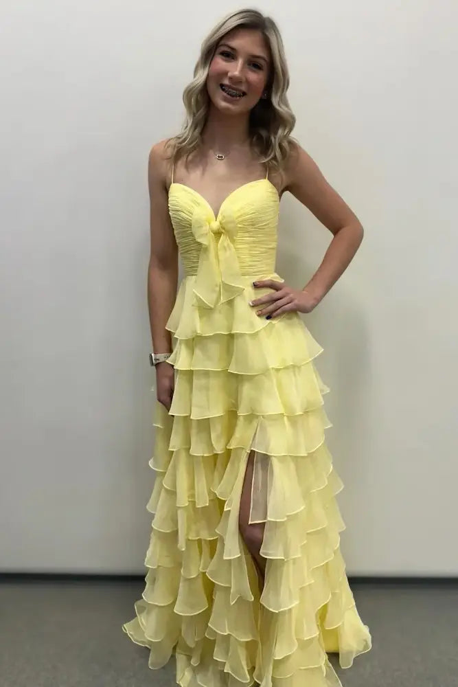 Spaghetti Straps Chiffon A-Line Tiered Party Prom Dress With Slit