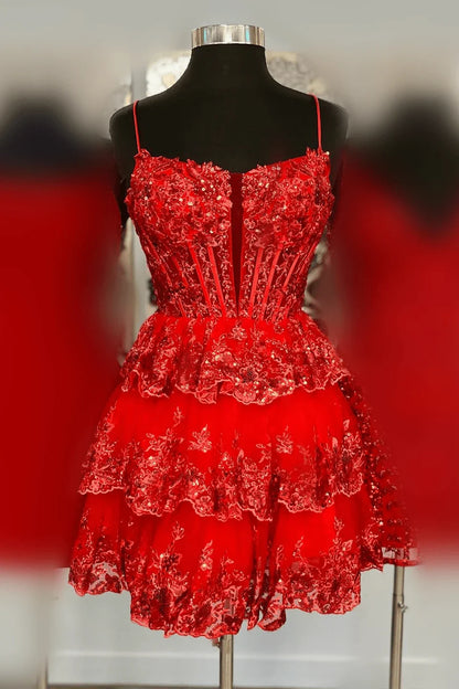 Spaghetti Straps Empire A-Line Lace Tiered Homecoming Dress