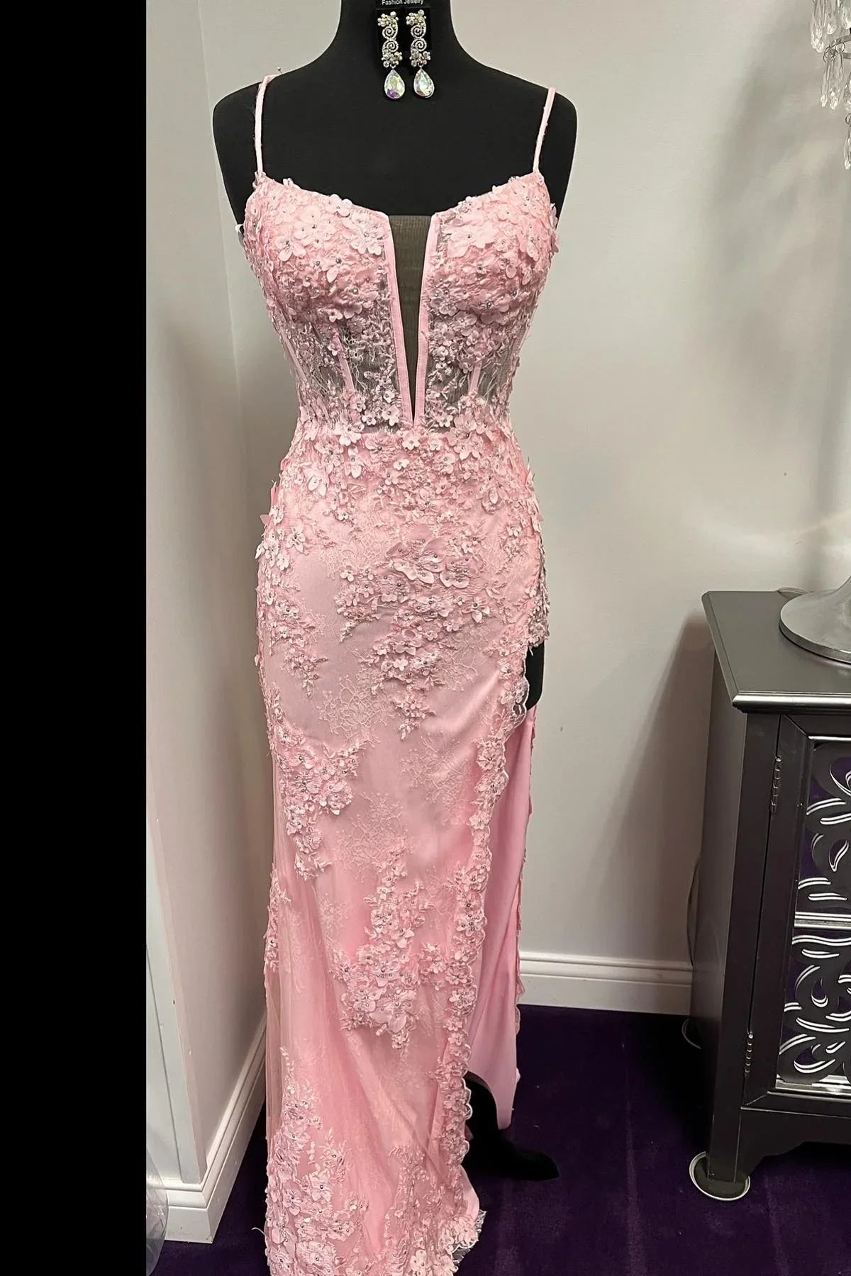 Spaghetti Straps Empire Lace Party Prom Dress With High Slit