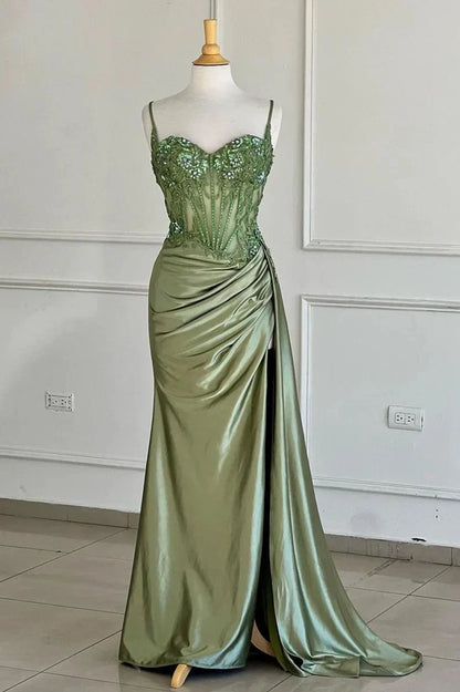 Spaghetti Straps Lace Appliques Mermaid Party Prom Dress With Slit