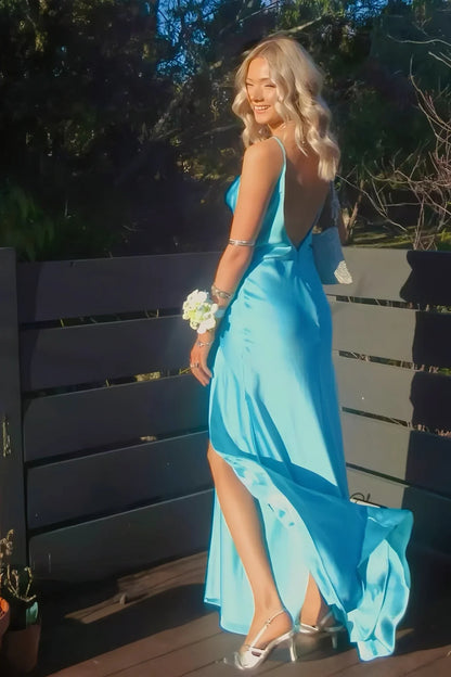 Spaghetti Straps Open Back Satin A-Line Party Prom Dress
