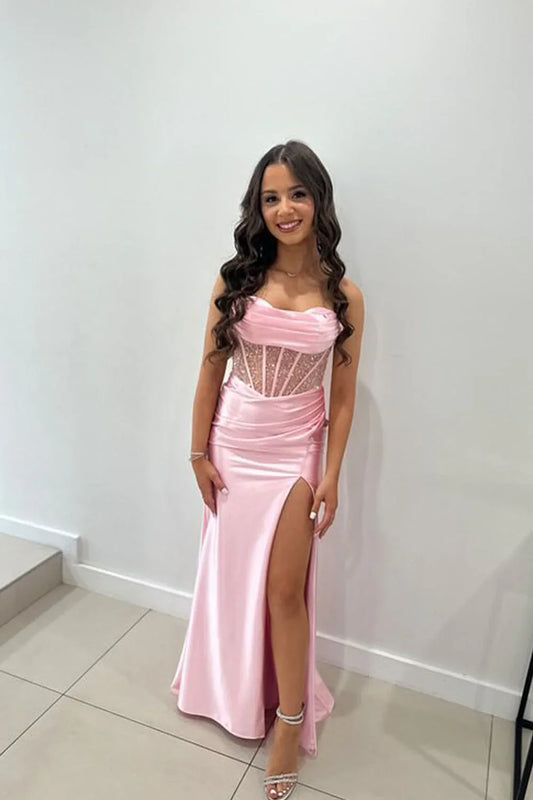 Spaghetti Straps Sheer Empire Party Prom Dress With Slit