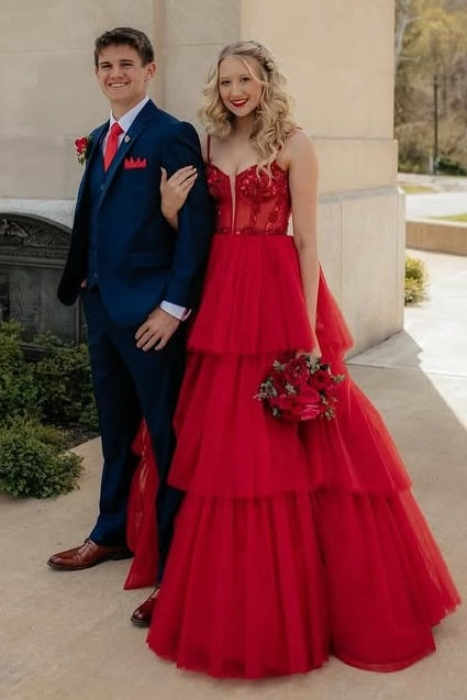 Spaghetti Straps Tulle A-Line Empire Tiered Party Prom Dress