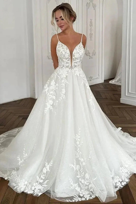 Spaghetti Straps V-Neck A-Line Long Wedding Dress