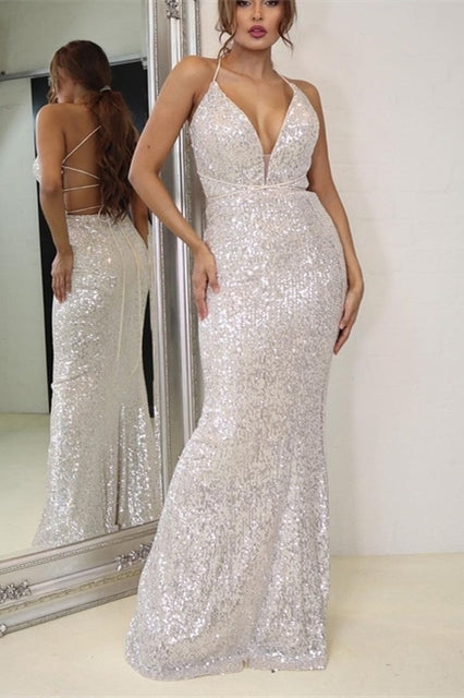 Sexy Mermaid Low V-Neck Lace Up Sequin Party Prom Dress