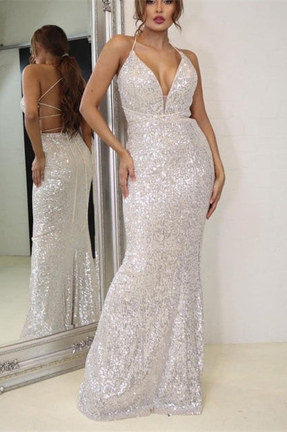 Sexy Mermaid Low V-Neck Lace Up Sequin Party Prom Dress