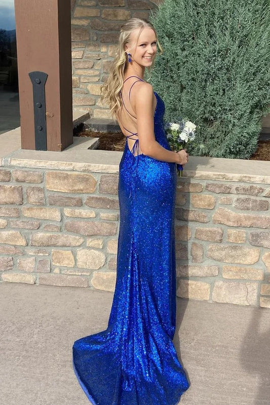 Sparkly Bateau Sleeveless Lace Up Mermaid Party Prom Dress