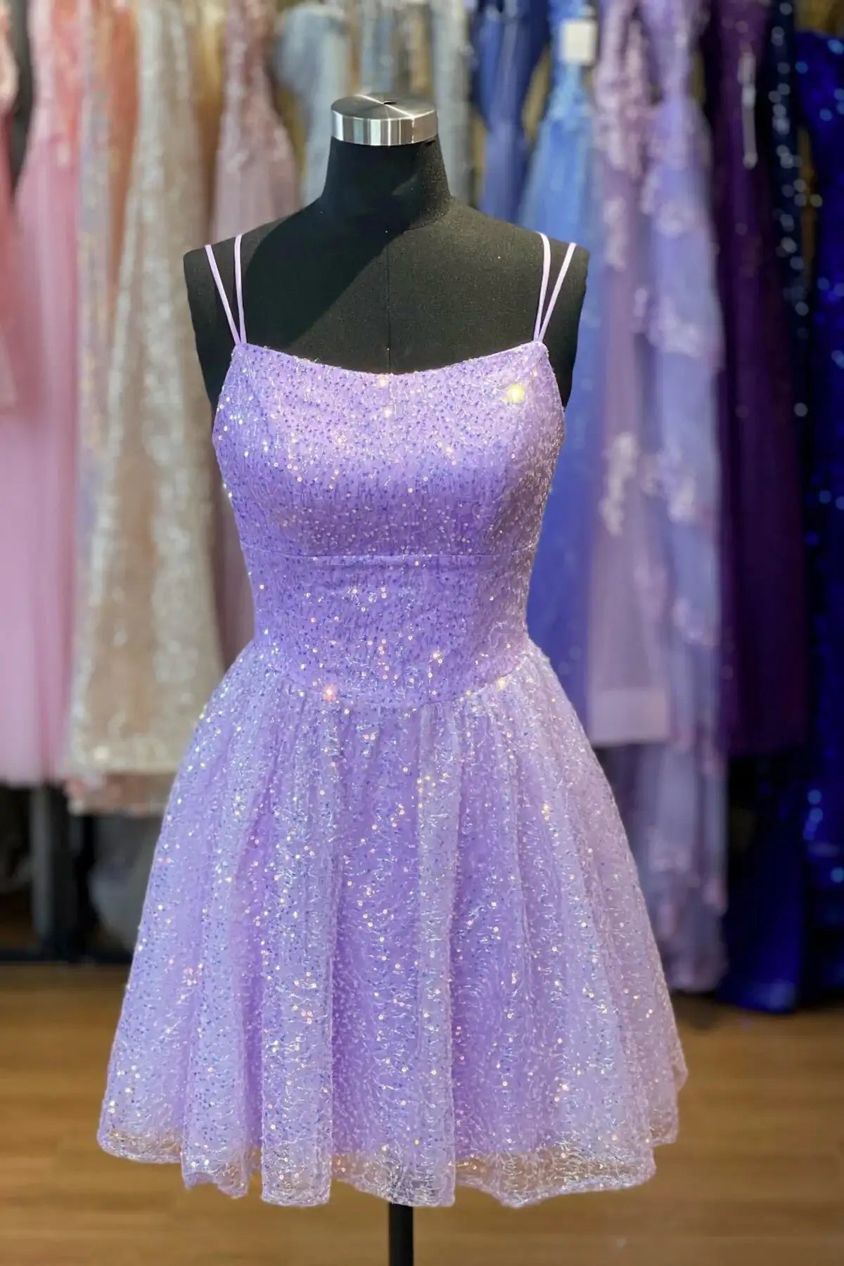 Sparkly Bateau Spaghetti Straps A-Line Short  Homecoming Party Dress